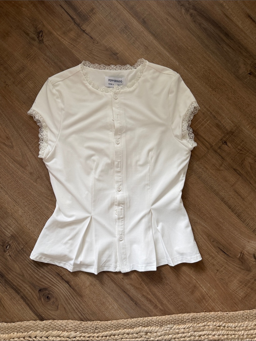 Peppermayo Ivory Lace-Trim Buttoned Peplum Top